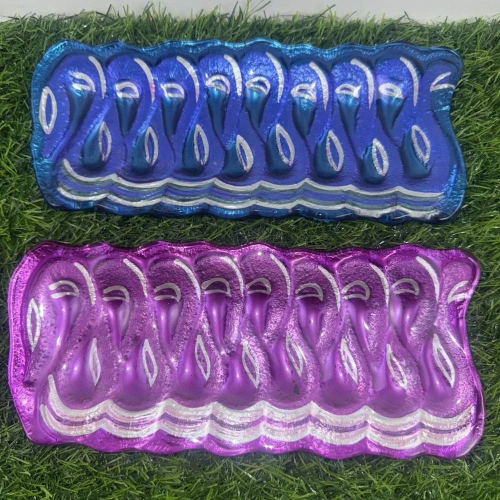 Fused Art Glass Ribbon Candy Tray Blue Magenta Silver Christmas Candy Dish Set